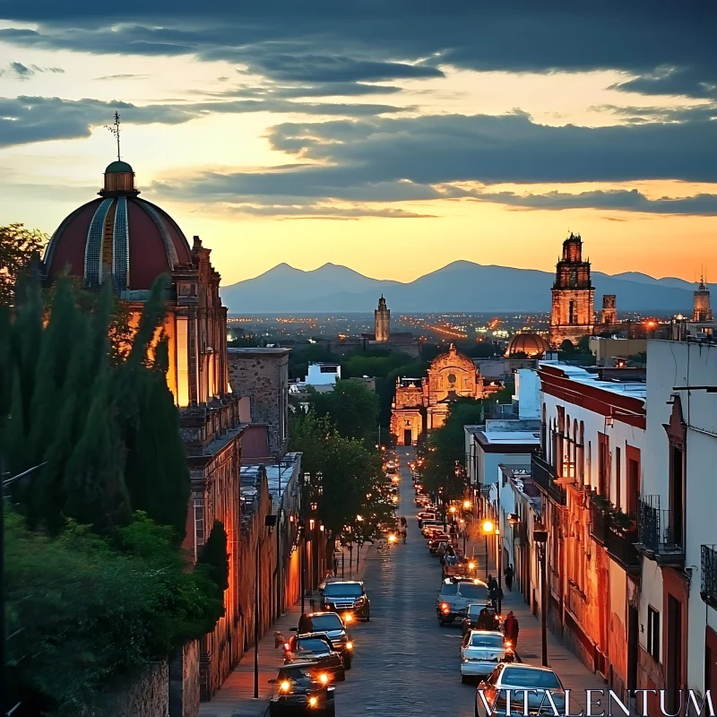 Cityscape at Dusk with a Blend of Historical Architecture and Nature AI Image