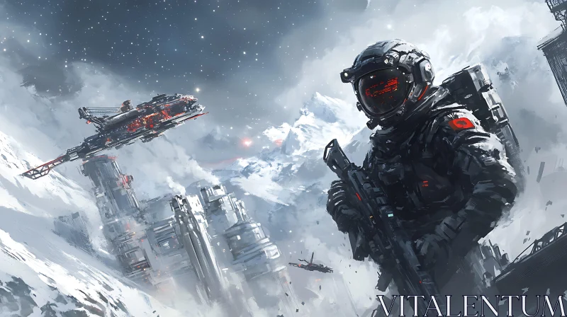 Tech-Enhanced Soldier in Snowy Outpost AI Image