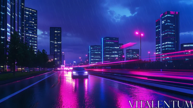 Neon Lit Night City in Rain AI Image