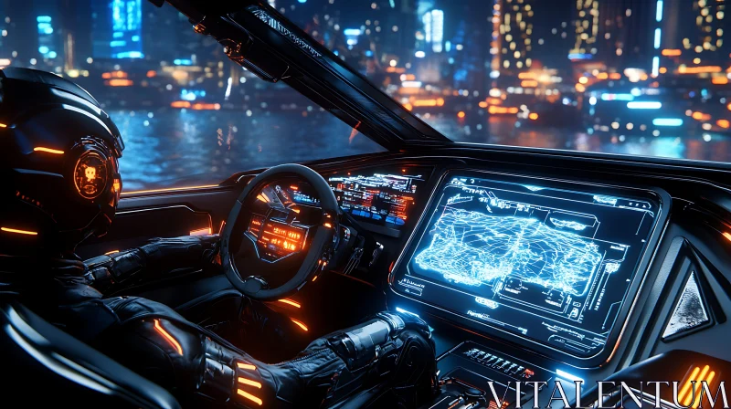 High-Tech Vehicle Navigation in Futuristic City AI Image