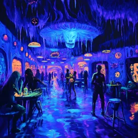 Eerie Bar Interior with Neon Lighting