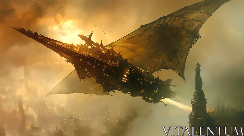 Mystical Steampunk Airship Over Ancient City AI Image