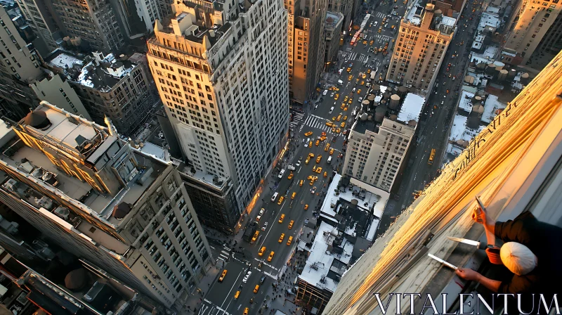 High Angle City Street View with Skyscrapers and Taxis AI Image