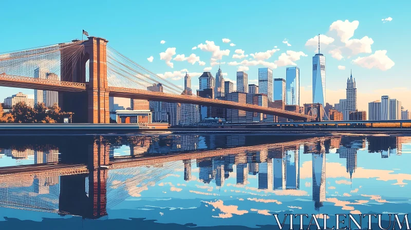 City Skyline with Suspension Bridge in Warm Sunlight AI Image