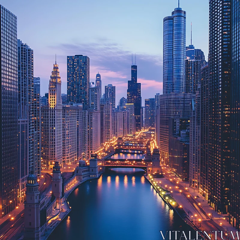 Chicago's Towering Skyscrapers at Nightfall AI Image