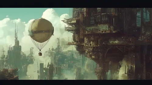 Surreal Steampunk Cityscape Featuring A Hot Air Balloon