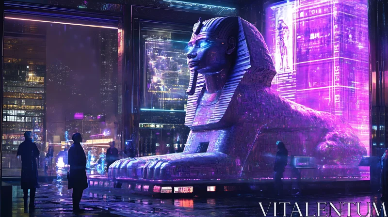 Cyberpunk Sphinx Monument in Neon-lit City AI Image