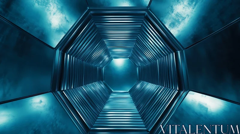 AI ART Blue Lit Hexagonal Tunnel Architecture