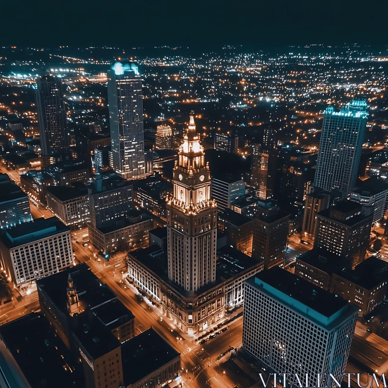 Nighttime Urban Landscape with Glowing Skyscrapers AI Image