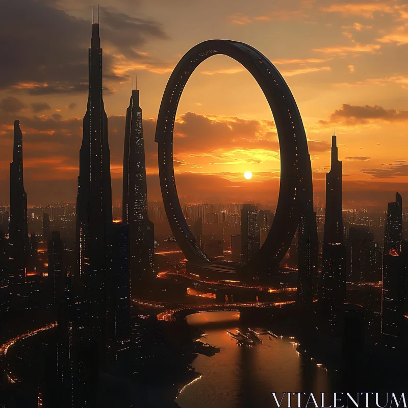 Futuristic Skyline with Sunset and Circular Architecture AI Image