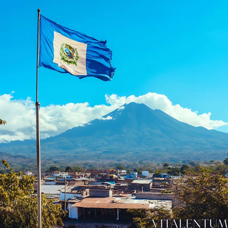 Quaint Town with Towering Mountain and Flag AI Image