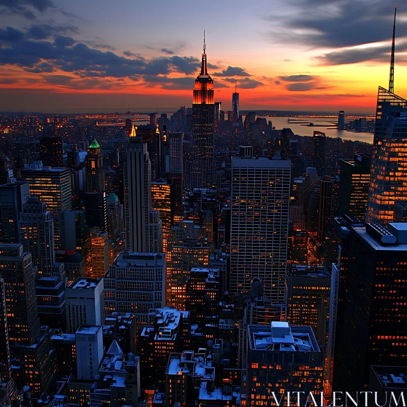 Urban Sunset Skyline with Illuminated Skyscrapers AI Image