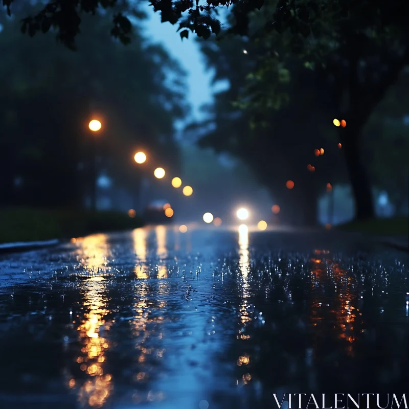 Serene Wet Pavement and Streetlights at Night AI Image