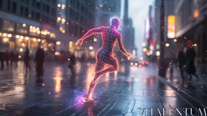 AI ART Digital Humanoid with Neon Lights in City