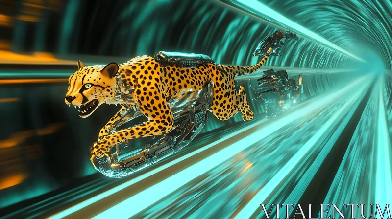 AI ART High-Speed Cyborg Cheetah in Neon Tunnel