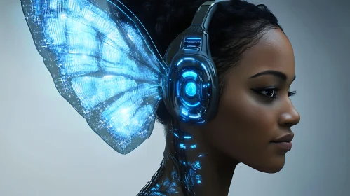 Cyborg Woman with Glowing Headphones