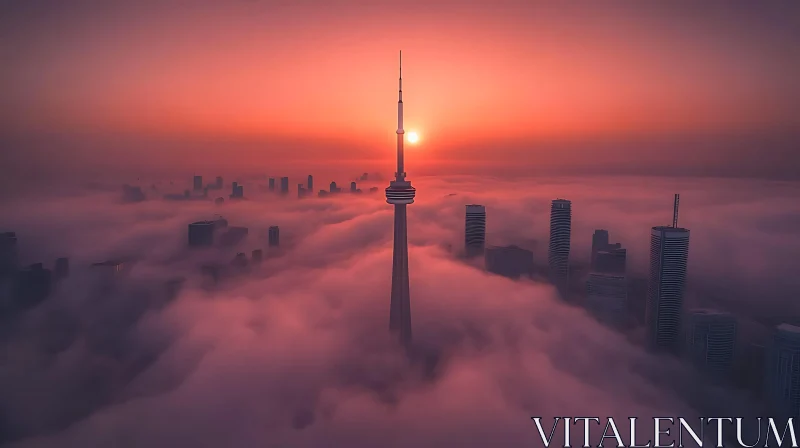 AI ART CN Tower Above Foggy Cityscape at Dusk