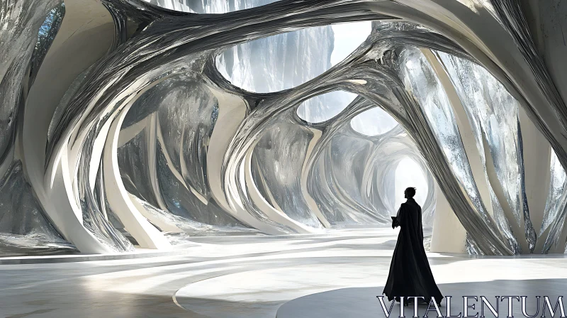 Otherworldly Architecture with Flowing Forms and Human Figure AI Image