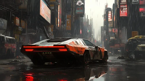 Cyberpunk City Street with Futuristic Car