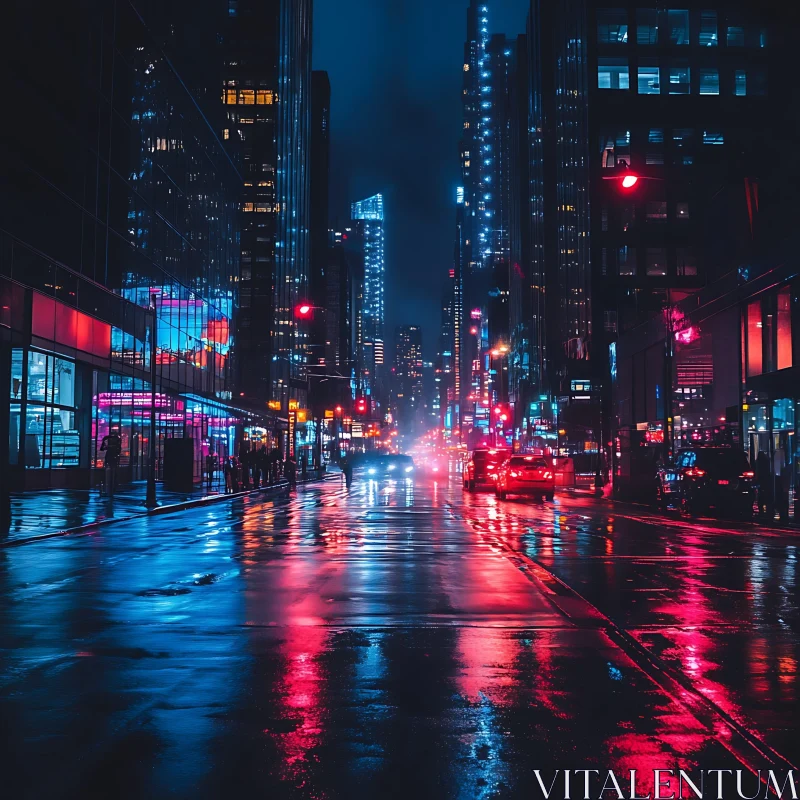 City Street at Night with Bright Lights and Wet Pavement AI Image