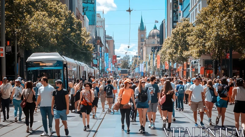 AI ART Urban Summer Day: Crowds and Trams Amidst Tall Buildings