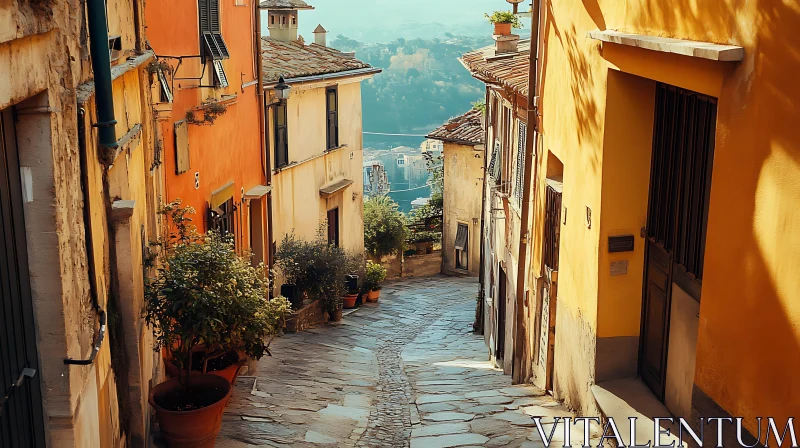 Picturesque Mediterranean Street with Colorful Houses and Cobblestones AI Image