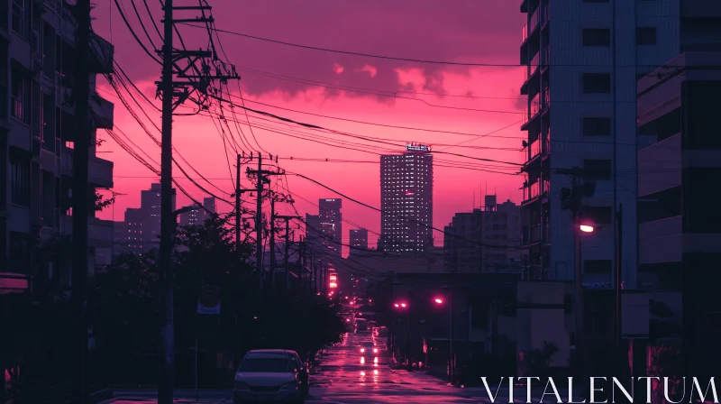 Pink and Purple Sunset Over a Dynamic City Skyline AI Image