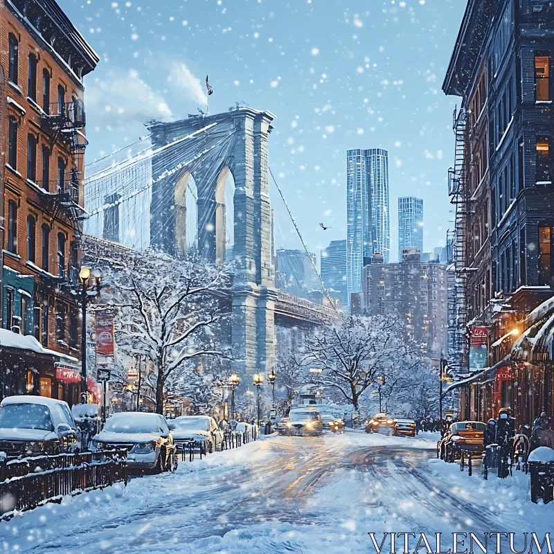 AI ART Snowy City Street with Iconic Bridge and Skyscrapers