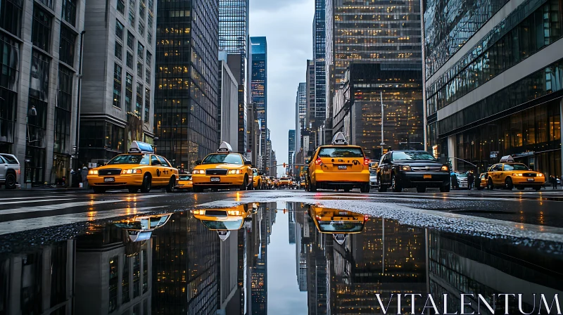 AI ART Urban Street with Yellow Taxis and Skyscraper Reflections