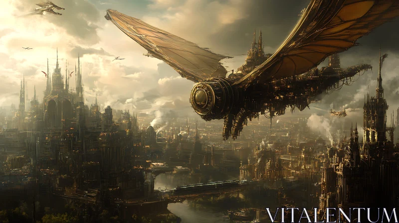 Intricate Steampunk Metropolis with Airborne Vessels AI Image