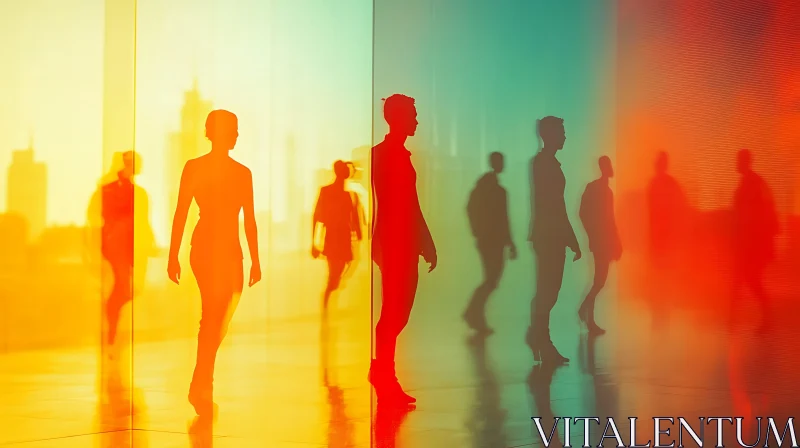 Street Silhouettes Against Colorful Glass Panels AI Image