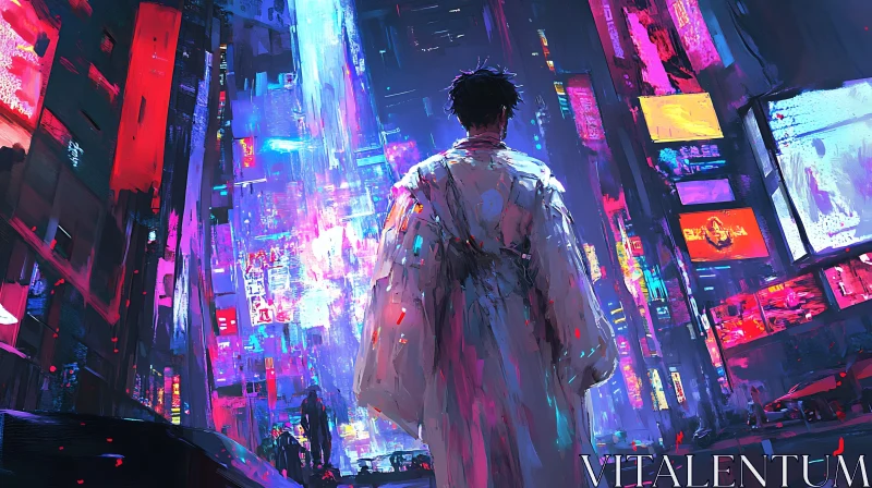 Lone Figure in a Neon-Lit Futuristic City
