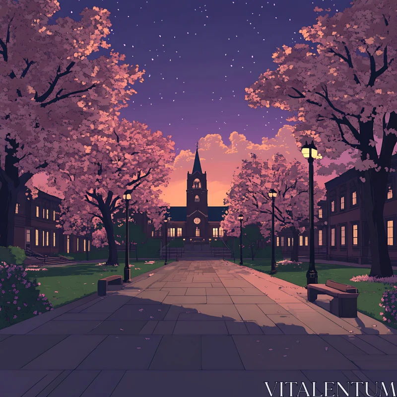 Cherry Blossoms at Sunset: Serene Pathway and Clock Tower