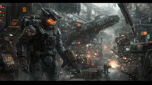 Futuristic Cyborg in Industrial Environment
