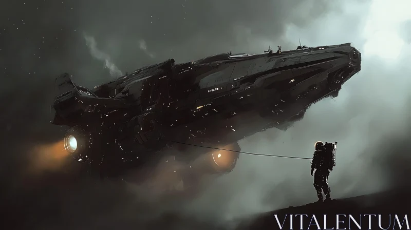 Astronaut and Spaceship in Dark Atmosphere