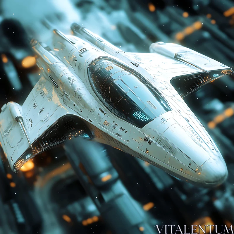 Cutting-Edge Spacecraft Flying Over Advanced Urban Landscape
