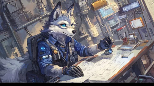 Wolf Character Sketching in Futuristic Engineering Office