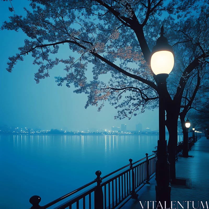 Peaceful Lakeside Night Scene with Blossoms and City Lights
