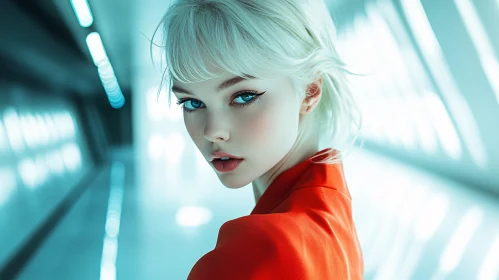 Blonde Woman in Red Coat in Modern Architecture