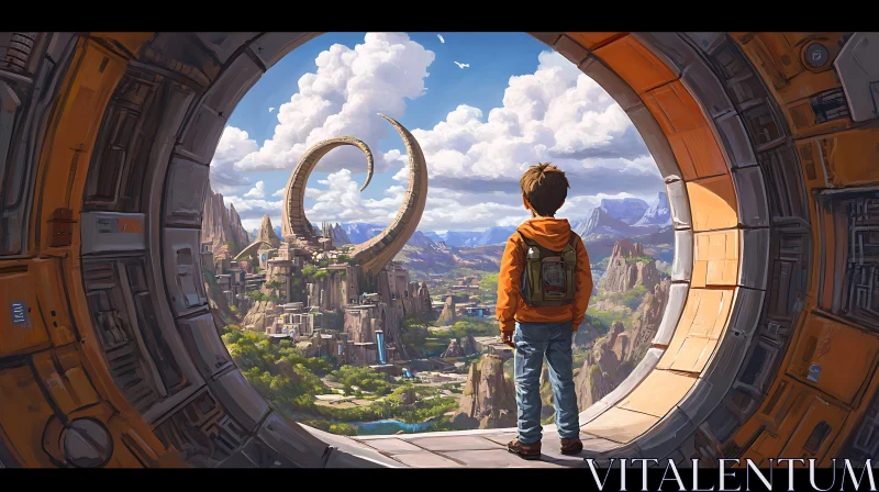 AI ART Boy in Orange Jacket Looking Over Spiral Structures