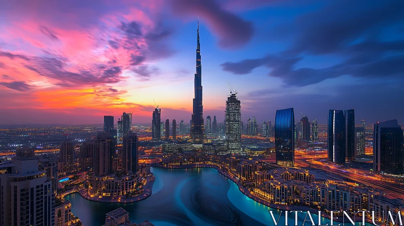 Sunset Over Modern City with Towering Skyscrapers