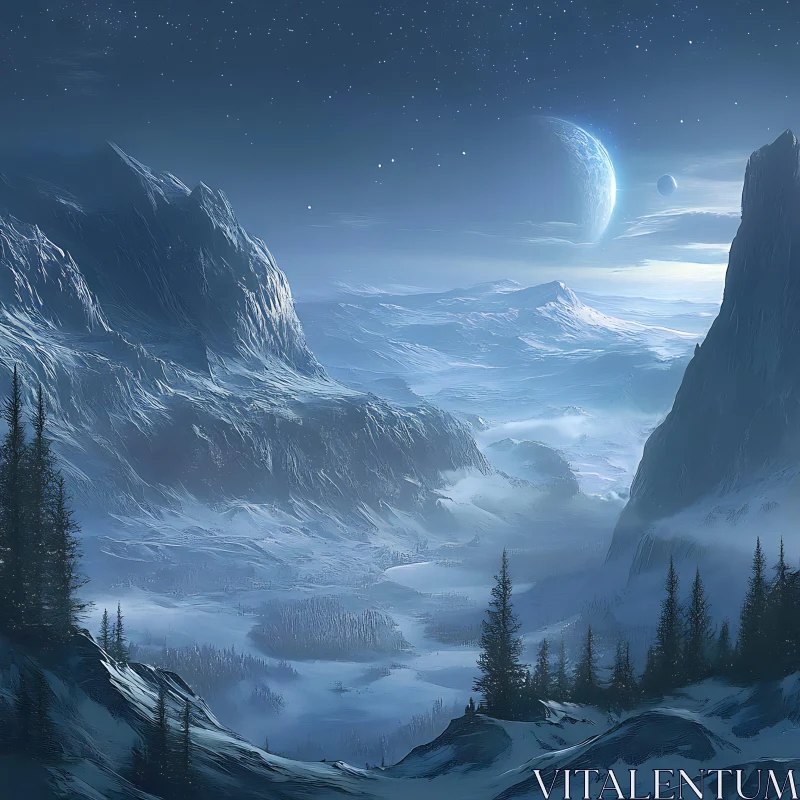 Snow-Covered Peaks with a Planetary Night Sky