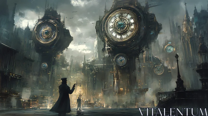 Futuristic City with Giant Clocks