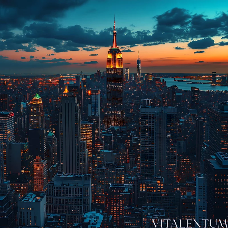 Dusk Cityscape with Iconic Skyscraper AI Image