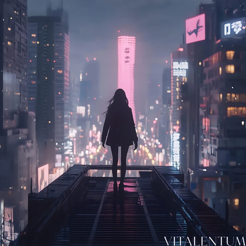 Neon Lit Futuristic City with Silhouetted Figure