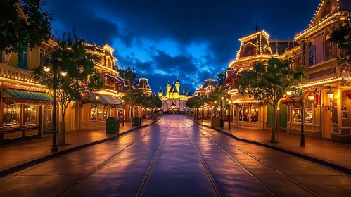 Illuminated Street with Castle at Dusk