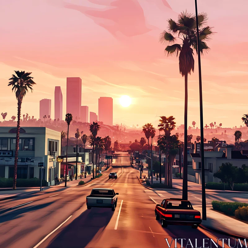 Sunset Over Urban Streets with Palm Trees