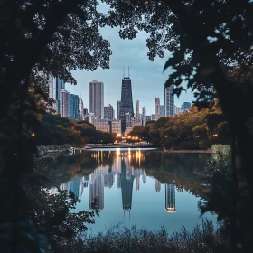 Urban Skyline and Park Reflection at Dusk