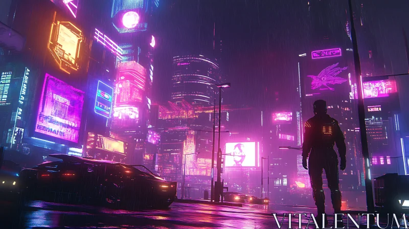 Cyberpunk Urban Scene with Rain and Neon Glow AI Image