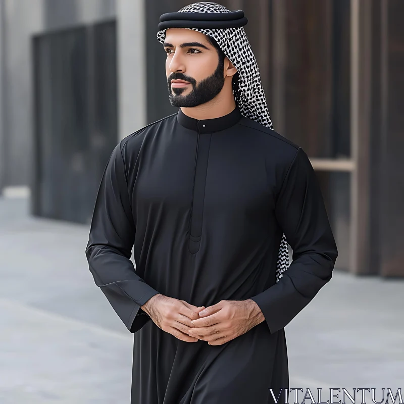 Middle Eastern Man in Black Robe and Headscarf AI Image